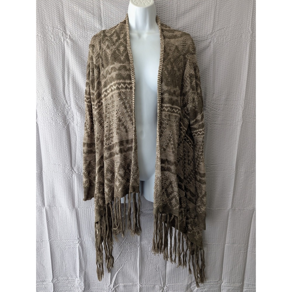 Maurices Women Medium Olive Green Geometric Fringe Open Front Cardigan Sweater